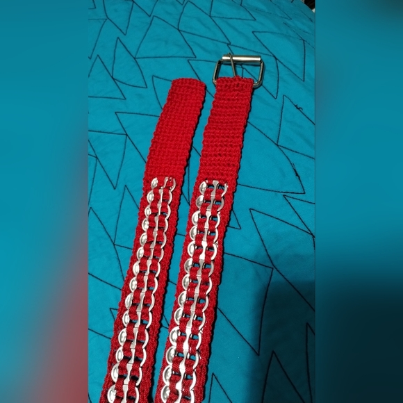 Handmade Upcycled Pull-Tab Soda Belt Red measures approx 40" single layer tabs - Picture 6 of 13